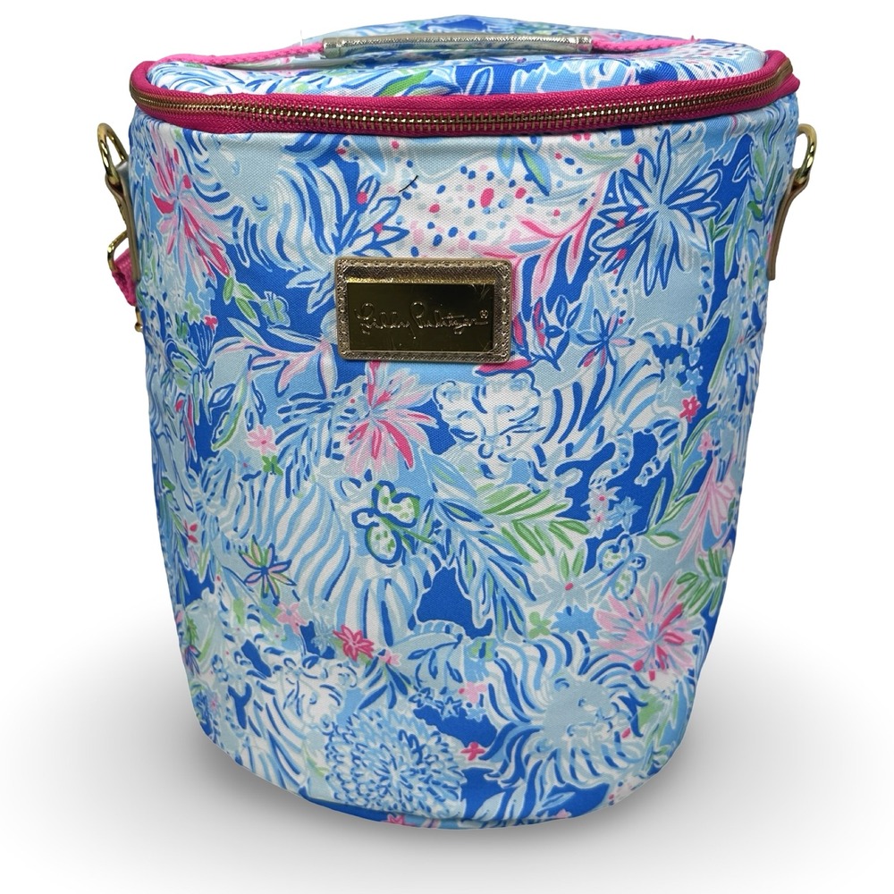 Lilly Pulitzer Blue Pink Floral Tiger Print Insulated Cooler Bag Shoulder Strap